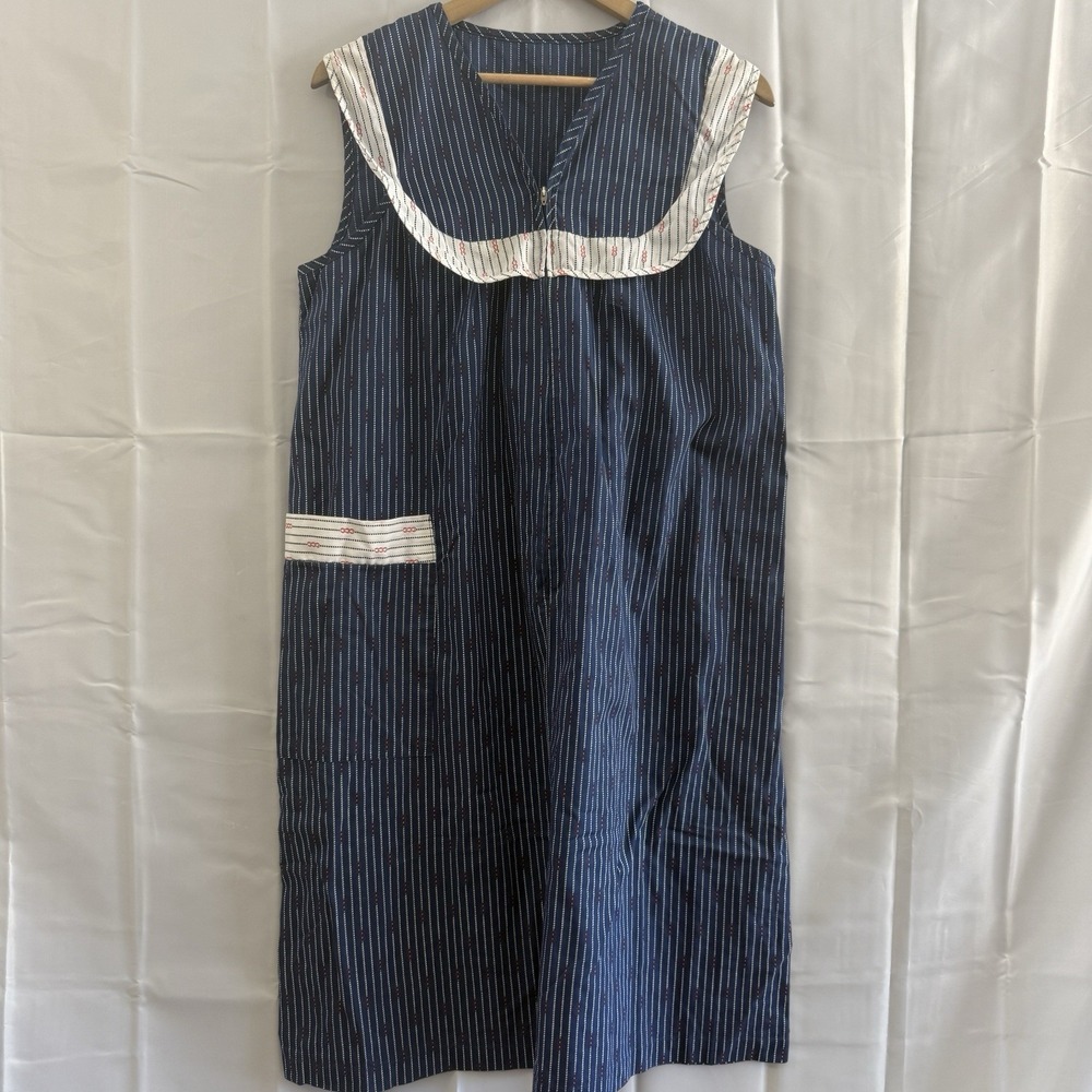 Vintage‎ Retro House Dress Bib Collar Sears L 16/18 Cottagecore Homestead Blue